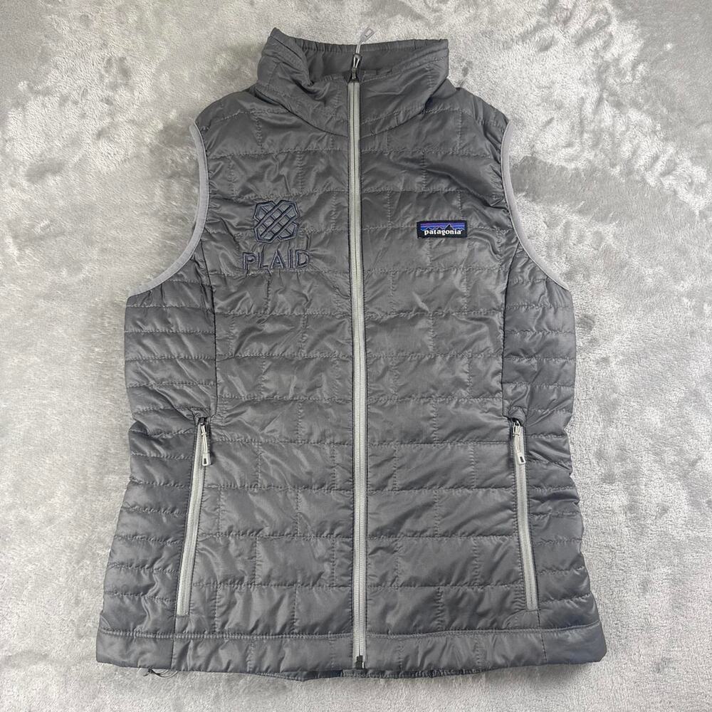 Patagonia Nano Puff Vest Women’s Small Gray PrimaLoft Plaid Patch Full Zip